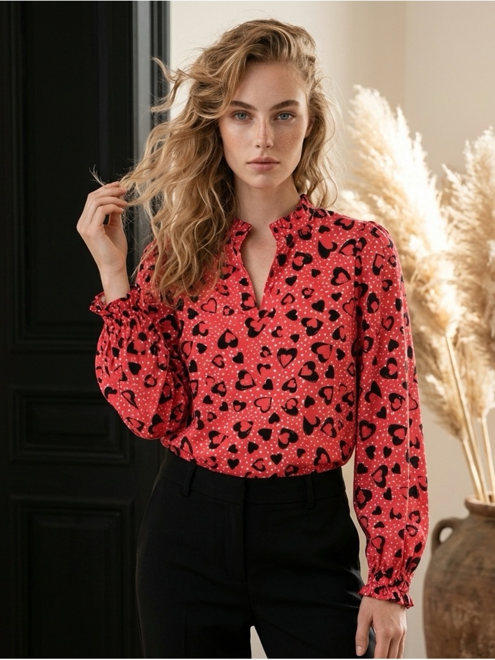 Karl Lagerfeld , Women's Red Heart Print Blouse with Ruffle Collar ~ Long Sleeve